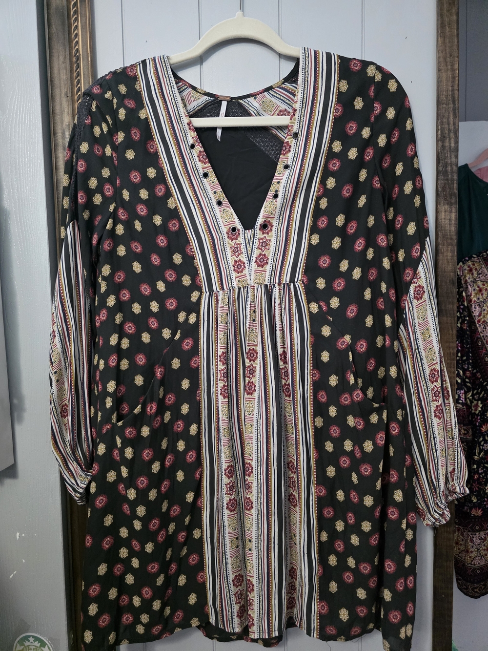Free People Black V-Neck Long Sleeve Boho Dress with Pink and Cream Accents